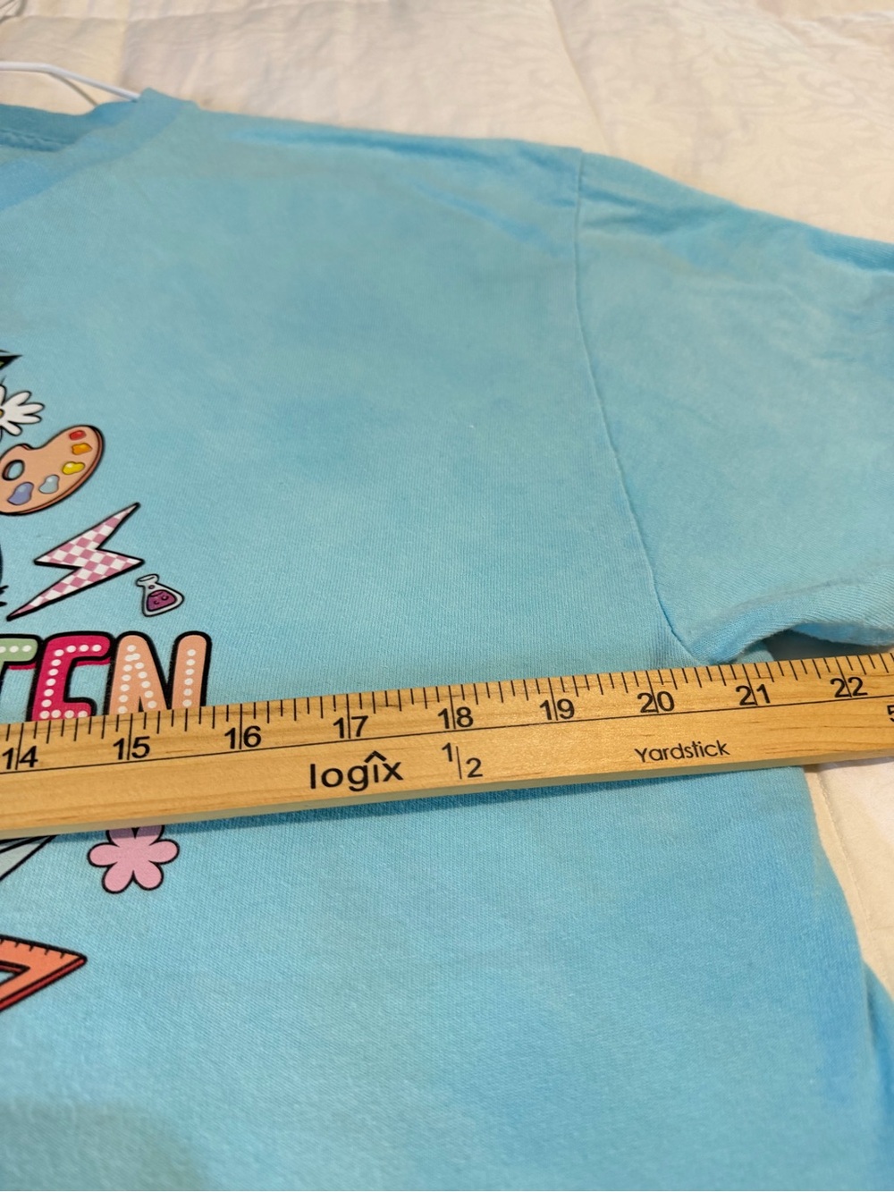 Gildan Light Blue Short Sleeve Kindergarten teacher Graphic Tee with Pink Bow - Picture 6 of 8
